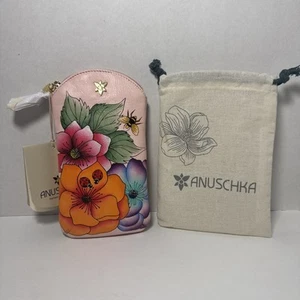 Estuche para gafas de cuero pintado a mano Anuschka bolsa superior con cremallera Ladybugs flores NUEVO - Imagen 1 de 8
