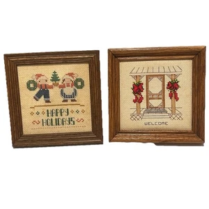 2 Completed Vtg Christmas 80’s Framed Cross Stitch Folk Art 6 in X 6 In - Picture 1 of 8