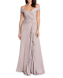 Vestido Xscape 4128X Hombro Descubierto Volantes Metálico Talla 4 Oro Rosa - Imagen 1 de 2