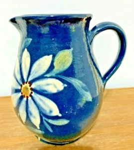 Vintage Pottery Blue with White Flower 6.5” Pitcher Hand Painted Made In England - Picture 1 of 11