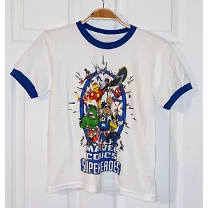 Disney Parks Marvel Comics Superhelden Grafik T-Shirt weiß blau XS neu ohne Etikett - Bild 1 von 7