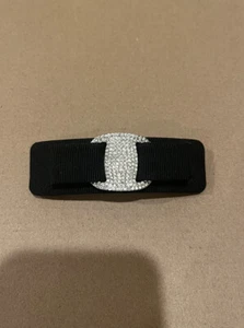 NWOT Ferragamo Black Vara Bow Barrette Hair Clip With Diamonds Silver Hardware - Picture 1 of 2