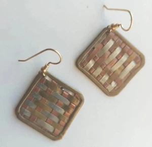 Square Brass SILVER Copper Basket Weave Dangle Hook Earrings Artisan Crafted - Picture 1 of 14