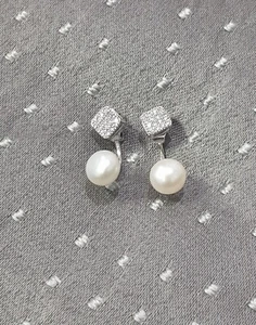 Equilibrium Platinum Plated Earrings Reversible 2 design Pearl Cube CZ Stone - Picture 1 of 4