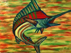 Finger Painted Abstract Painting Art Matt Kinnaman Rainbow Marlin MKinnamanArt - Picture 1 of 1