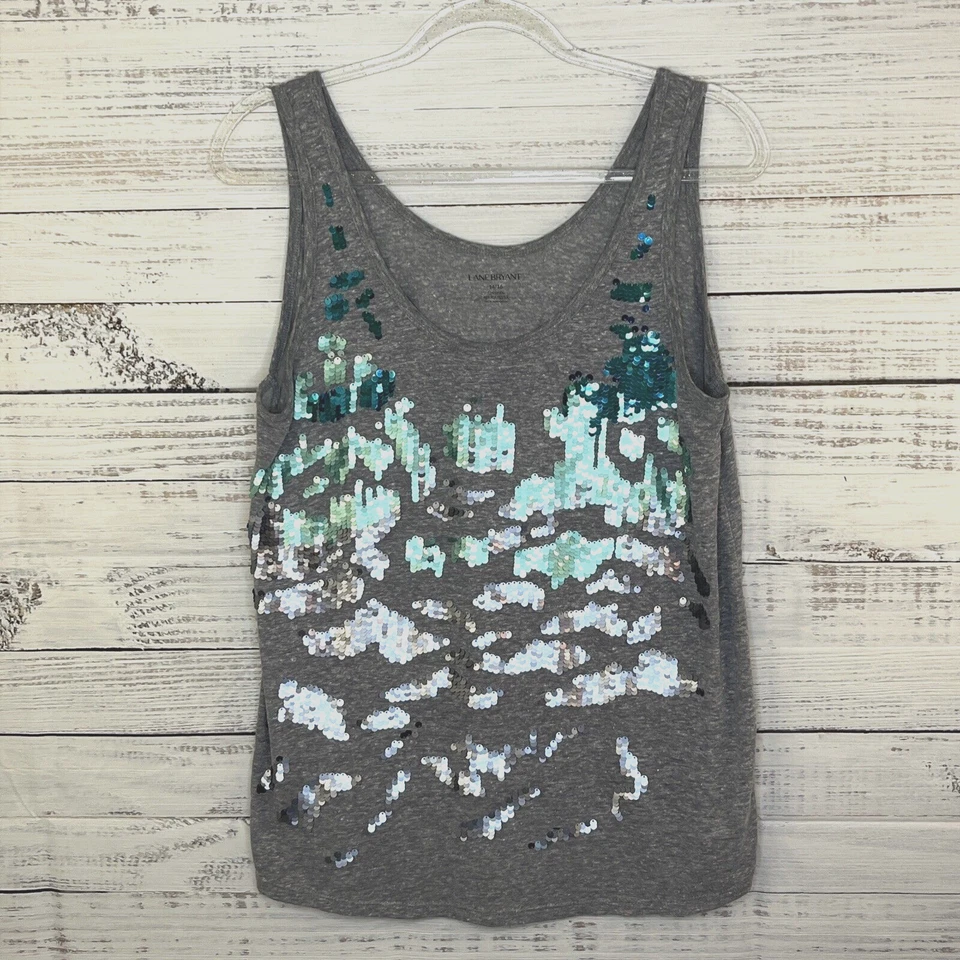 Camisa regata feminina Lane Bryant 14/16 cinza azul transparente lantejoulas linho poliéster - Imagem 1 de 4