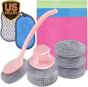 Stainless Steel Sponges Set with Handle, 6PCS Steel Wool Scrubber with 3PCS ... - Picture 1 of 1