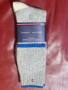 $18 TOMMY HILFIGER Boot Socks | 2 Pair | Grey Cream Blue | Shoe 7-12 Sock 10-13 - Picture 1 of 9