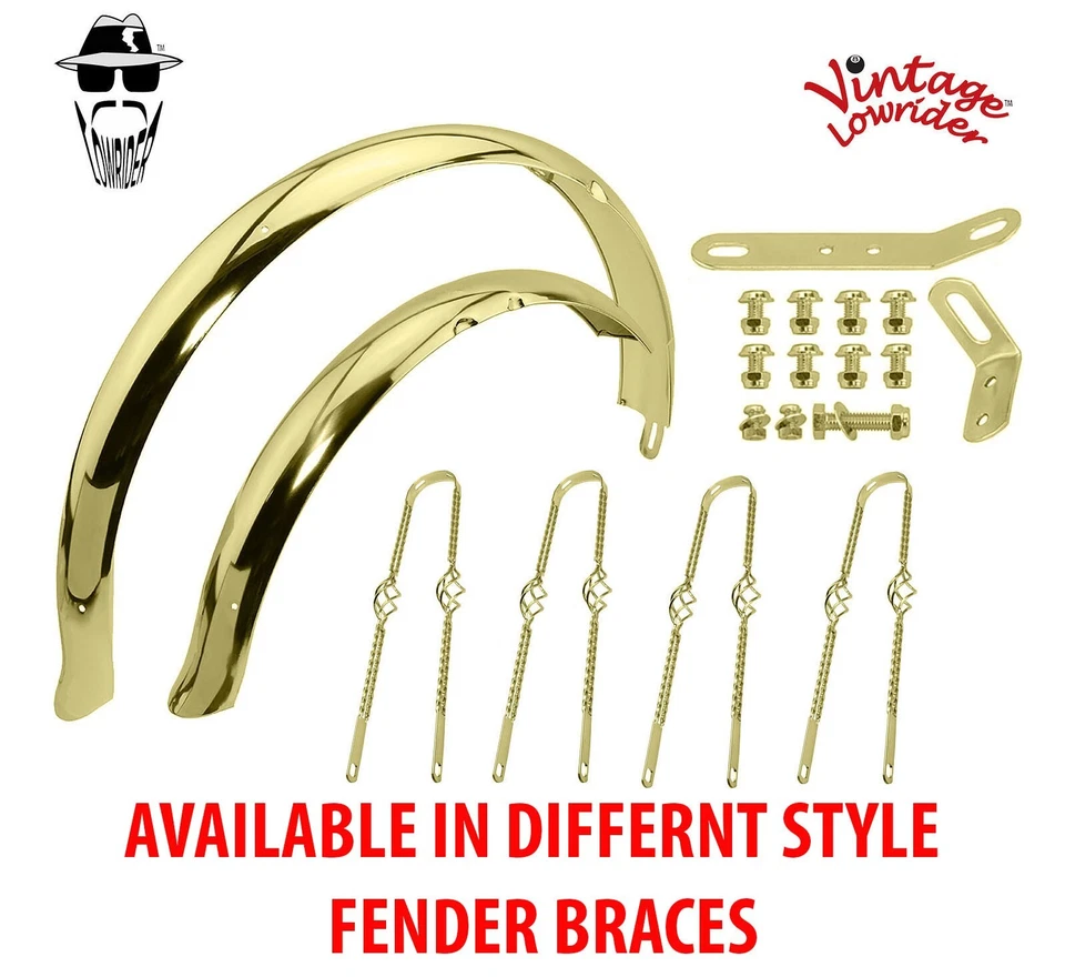 Guardabarros dorados vintage Lowrider 26" acampanados ajustables cola de pato con tirantes retorcidos. Foto 1 de 1