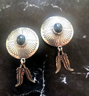 Vintage Sterling Silver Navajo Round Clip On Round Earrings w Onyx & Feathers SJ