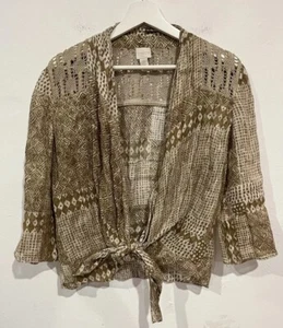Chico's Open Front Linen Cardigan Blouse Jacket Tan Gold Crochet Aztec Sz 0 - Picture 1 of 6