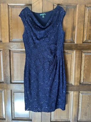 Vestido de Noche Lauren Ralph Lauren Azul Marino Vestido Lentejuelas Talla 14 Midi Cóctel Foto 1 de 4