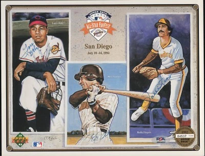 1992 Larry Doby, Steve Garvey, & Fingers TRI-SIGNED UD Pic PSA/DNA COA # AM54037 - Image 1 of 3