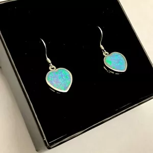 Sterling Silver Filigree Blue Lilac Fire Opal  Love Heart drop dangle earrings - Picture 1 of 8