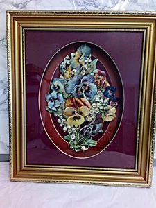 Floral Ceramic 3D Shadow Box Art Decoupage Vintage Wooden Gold/Glass Framed - Picture 1 of 7