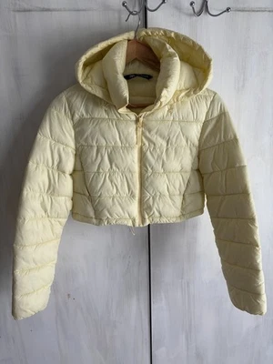 Chaqueta acolchada Zara corta con capucha aislada cremallera cordón abrigo marfil amarillo pequeño Foto 1 de 4