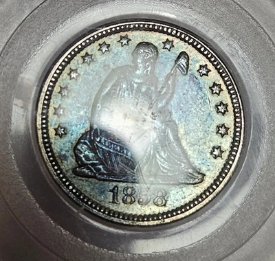 Blue Toned 1858 Seated Liberty Quarter PCGS AU53 with CAC Label- Beautiful Coin! - Image 1 of 4