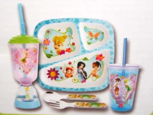 Tinkerbell+Fairies 5pc Mealtime Dinnerware Set,Plate,Bowl,Fork&Spoon,Sip Bottle - Picture 1 of 2