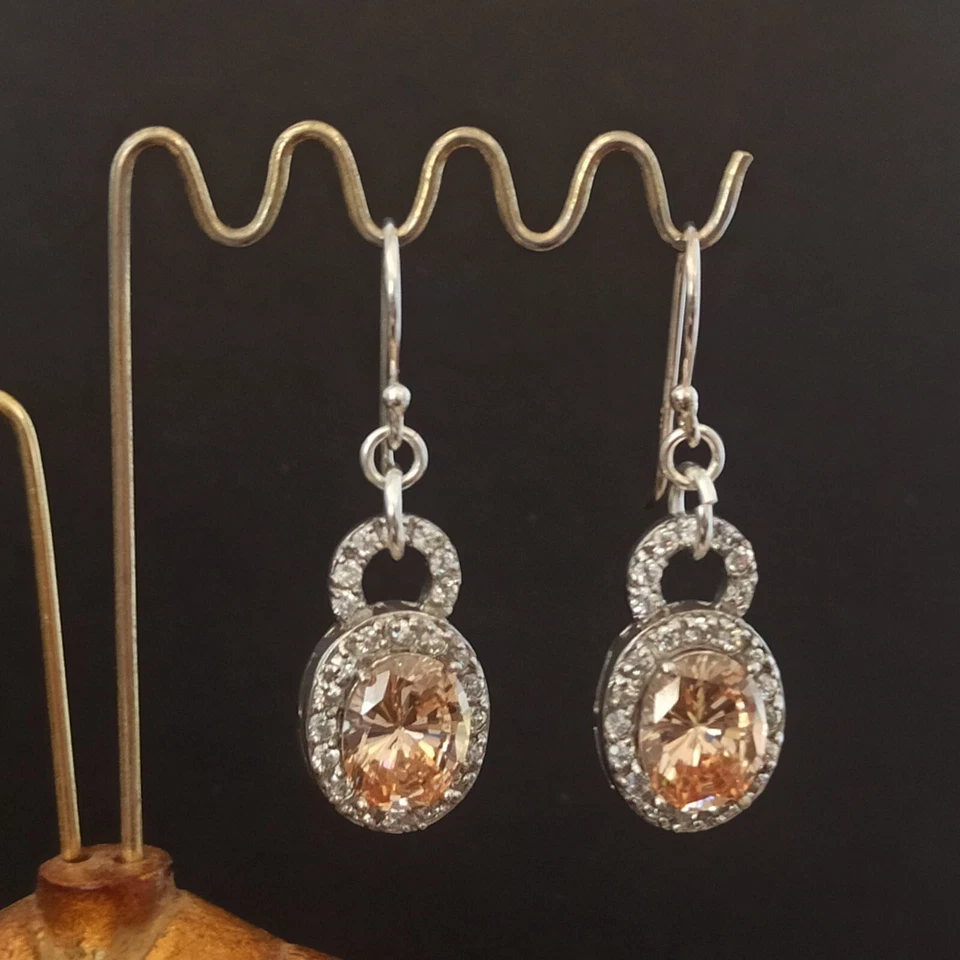 Pendientes Circonitas Melocotón Plata de Ley 925 Ovalados Atemporales Clásicos Elegante Gota Foto 1 de 4