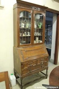 Libreria bookcase antica in rovere con ribalta credenza inglese liberty vetrina  - Foto 1 di 12