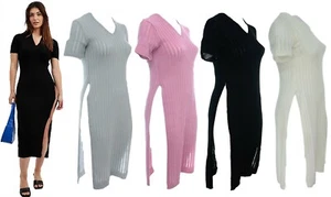 Vestido largo jersey doble lado dividido largo acanalado cuello en V top niñas damas - Imagen 1 de 13