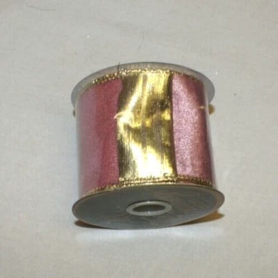 ATT - 1 Side Satin Mauve & 1 Side Shiny Gold Wire Edge Ribbon Christmas 2.5"x12' - Image 1 of 2