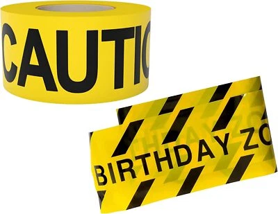 Cinta de fiesta de zona de cumpleaños • 3 pulgadas X 100 pies y cinta de precaución amarilla 3 pulgadas x 1000 pies Foto 1 de 4