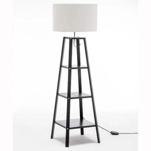 Eiffel 3 Tier Natural Wood Floor Lamp w/ Storage Shelves + Off White Linen Shade - Picture 1 of 8