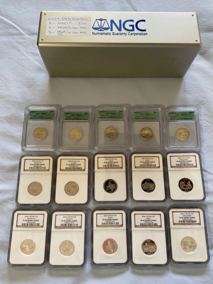 Year 2004 United States mint state quarters lot of 15 graded by ICG and NGC - Image 1 of 4