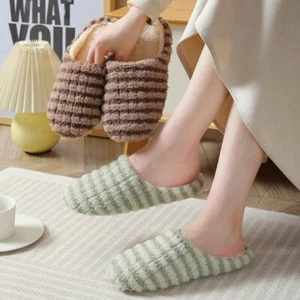 Unisex Indoor Warm Striped Silent Soft Cotton Fuzzy House Slippers Slip On Shoes - Picture 1 of 16