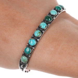 6.25" 30's-40's Navajo silver snake eye turquoise row cuff bracelet 1 - Picture 1 of 8