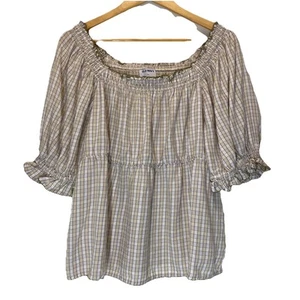 Old Navy Women’s Top XL Multicolor Plaid Puff Sleeve Smocked Prairie Boho Flowy - Picture 1 of 8