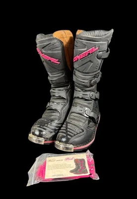 Botas de motocross O'Neal MX para mujer talla 10 negras/rosadas con juego extra de correas rosas Foto 1 de 4