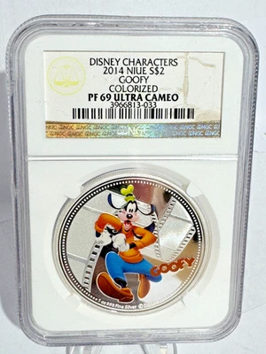 2014 Niue Disney Characters Colorized "GOOFY" $2 1oz Silver Coin NGC PF69 UC - Image 1 of 4