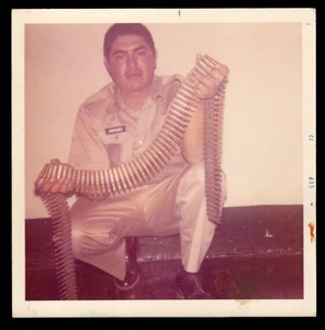 DANGEROUS LIVE AMMO GUN BULLET BELT MEXICAN VIETNAM ARMY MAN ~ 1972 PHOTO - Picture 1 of 1