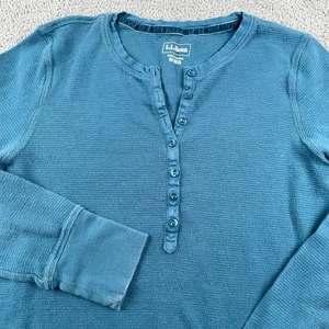 LL Bean Shirt Womens Medium Blue Thermal Waffle Knit Henley Long Sleeve Casual - Picture 1 of 9