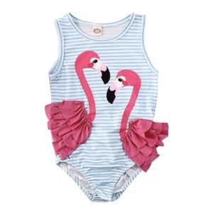 Alunni Baby Girl Swimsuit 80 6-12 Months Striped Flamingo One Piece Sleeveless - Picture 1 of 10