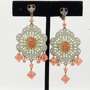 Cottage Core Floral Dangle Clip On Earrings Boho Coral Pink Beaded Fairy - Picture 1 of 4