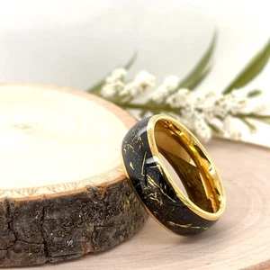 Yellow Gold Tungsten Wedding Ring 8MM Black With Gold Meteorite Inlay Band - Picture 1 of 4
