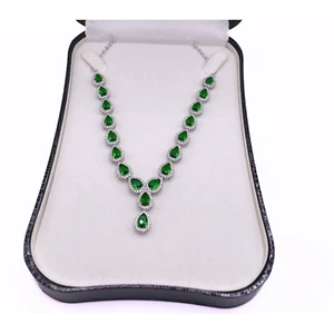 White Gold Finish Pear Cut Green Emerald & Created Diamond Necklace - Picture 1 of 5