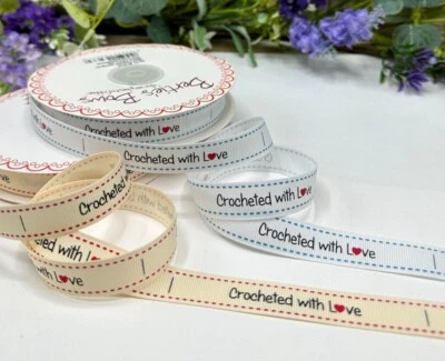 Sew in Labels Crocheted with Love Ribbon fabric labels white cream craft clothes - Image 1 of 2