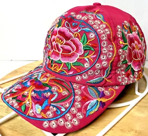 Floral Embroidered Pink Hat Bird Mardi Gras Punk Club Dance Chic Cap - Picture 1 of 9