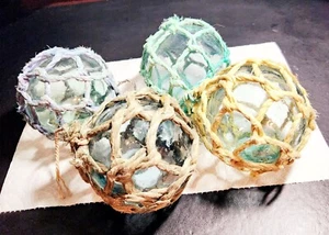 4 -10" Vintage Original Round Glass Netted Fishing Floats - Picture 1 of 2