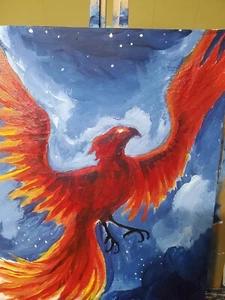 Acrylic Painting Phoenix On Hard Board Canvas 10x8" - Picture 1 of 1