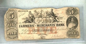 1854 ~ $5 FARMER'S & MERCHANTS ~ NOTA OBSOLETA DE MEMPHIS, TENN ~ CH F - Imagen 1 de 2