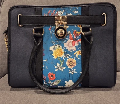 Dasein Black Satchel Large Tote Handbag Purse Gold Tone Floral Motif - Image 1 of 4