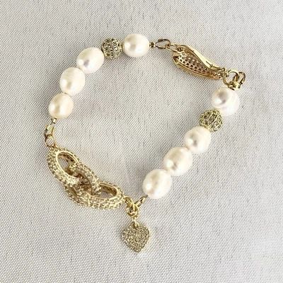 Браслет с бисером ручной работы из пресноводного жемчуга Pavé позолоченная цепочка ювелирные изделия 18 карат - Изображение 1 из 2