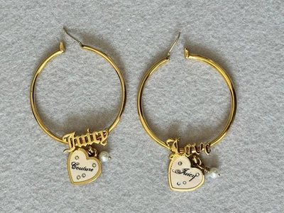 Juicy Couture Goldtone Heart & Pearl Charms ‘Love’ ‘Juicy’ Hoop Earrings - Image 1 of 4
