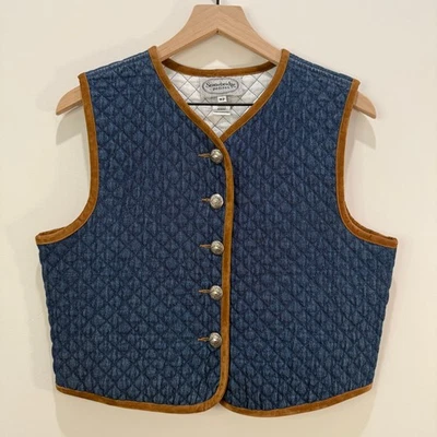 VTG Denim Vest Women's Petite Small Quilted Taupe Velvet Trim Equestrian Vintage - Image 1 of 4