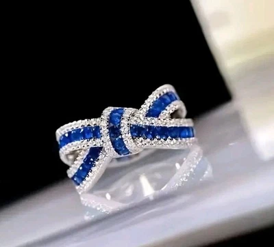 Anillo de circón con lazo azul para mujer talla 8 acabado tono plata joyería brillante Foto 1 de 2